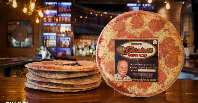 Bill Gianino's Frozen Pizza on bar top.